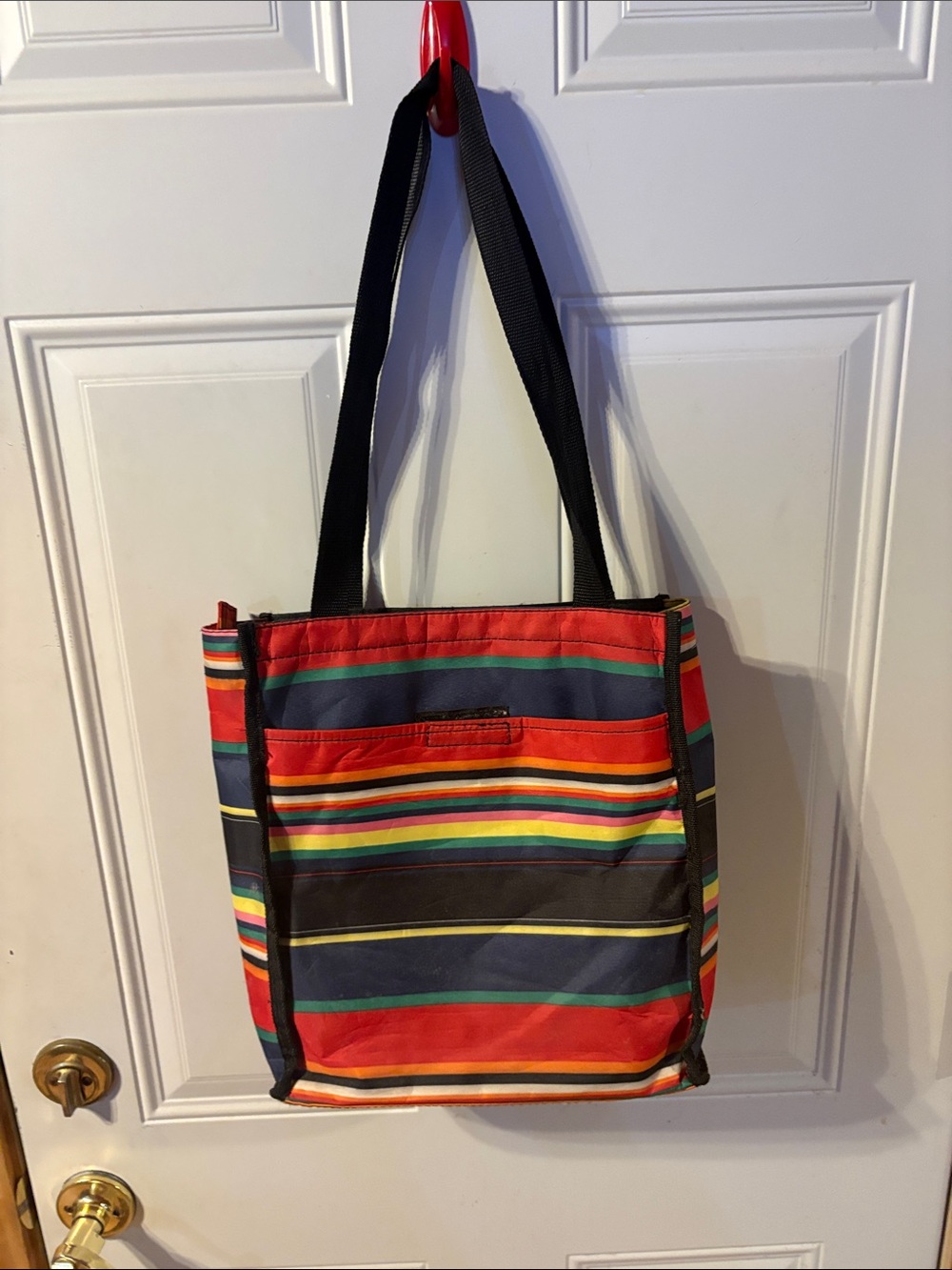 Striped Multi-Color Tote with Black Straps Lots of Pockets Outside